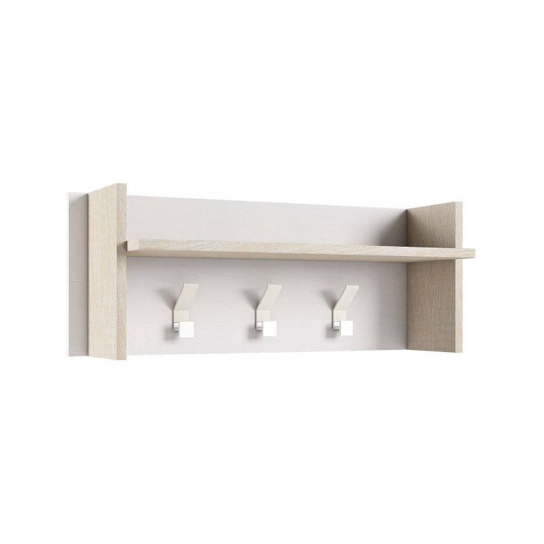 Mobile da ingresso Narciso, Mobile appendiabiti con 3 ganci, Mensola portaoggetti da ingresso, 100% Made in Italy, 90x29h34 cm, Bianco e Rovere