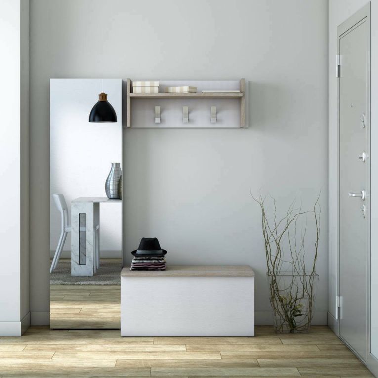 Mobile da ingresso Narciso, Mobile appendiabiti con 3 ganci, Mensola portaoggetti da ingresso, 100% Made in Italy, 90x29h34 cm, Bianco e Rovere