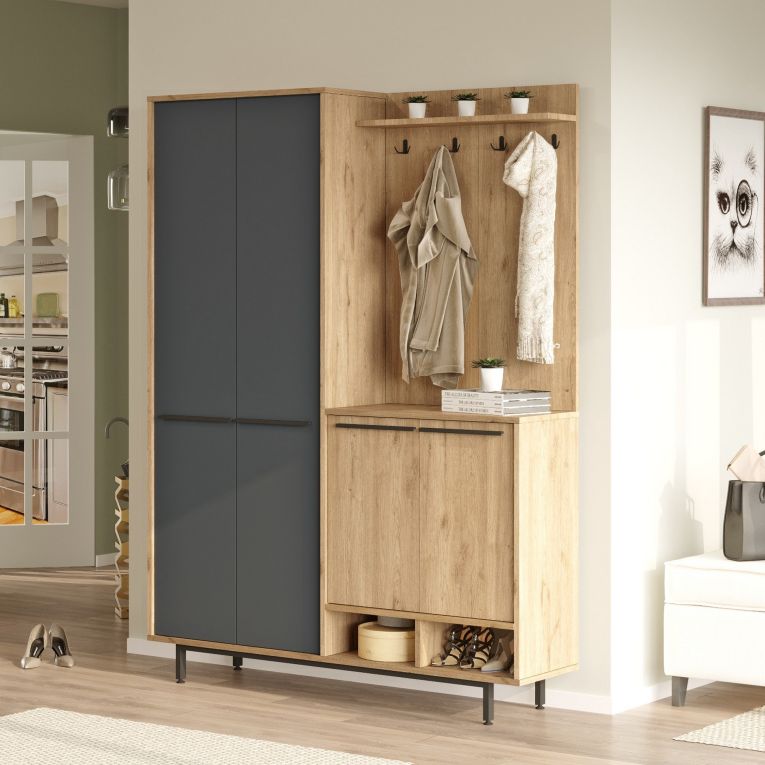 Mobile da Ingresso Nero Antracite Marrone Rovere 12 Ripiani Appendiabiti 147x36x196h cm, 4 Ante - Tignale