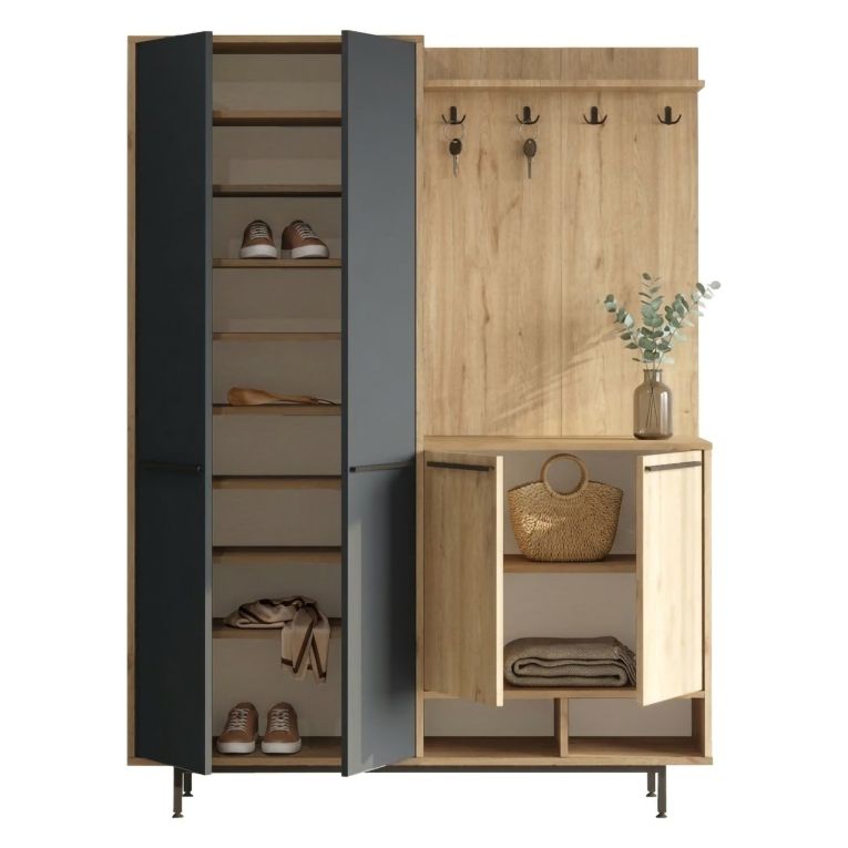 Mobile da Ingresso Nero Antracite Marrone Rovere 12 Ripiani Appendiabiti 147x36x196h cm, 4 Ante - Tignale