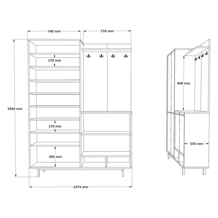 Mobile da Ingresso Nero Antracite Marrone Rovere 12 Ripiani Appendiabiti 147x36x196h cm, 4 Ante - Tignale