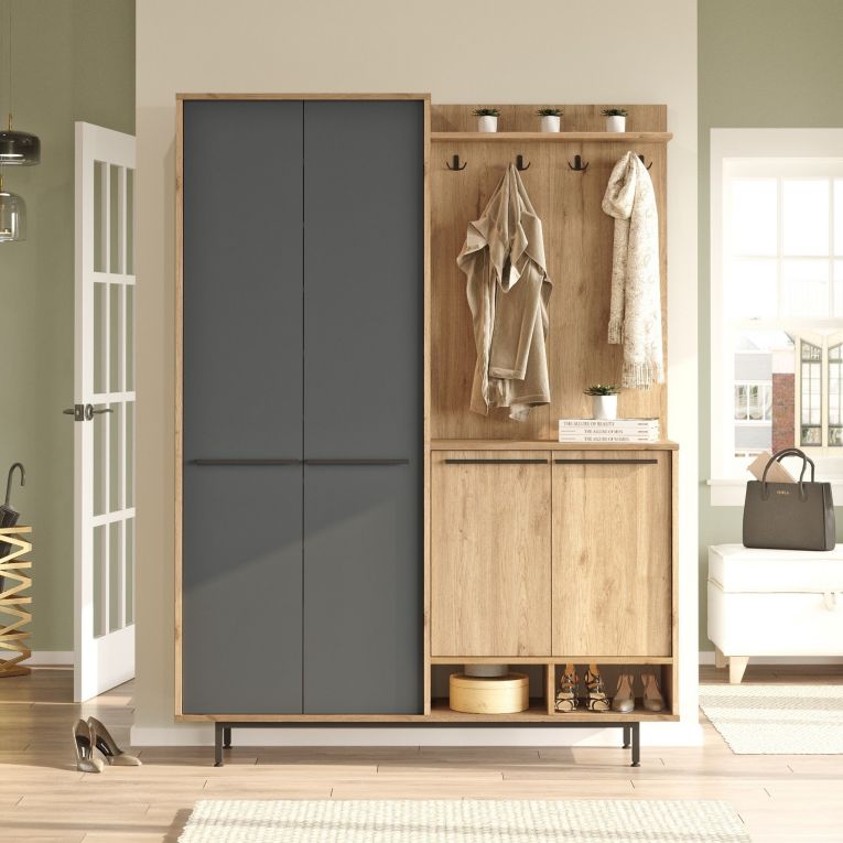 Mobile da Ingresso Nero Antracite Marrone Rovere 12 Ripiani Appendiabiti 147x36x196h cm, 4 Ante - Tignale