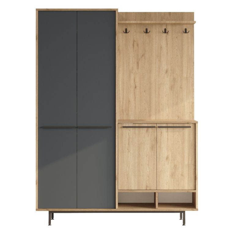 Mobile da Ingresso Nero Antracite Marrone Rovere 12 Ripiani Appendiabiti 147x36x196h cm, 4 Ante - Tignale