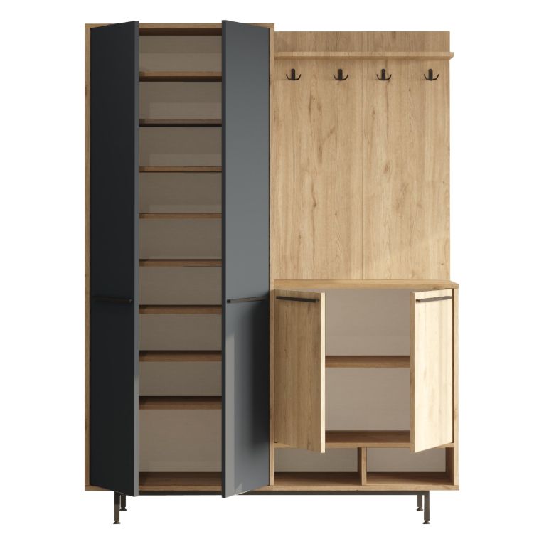 Mobile da Ingresso Nero Antracite Marrone Rovere 12 Ripiani Appendiabiti 147x36x196h cm, 4 Ante - Tignale
