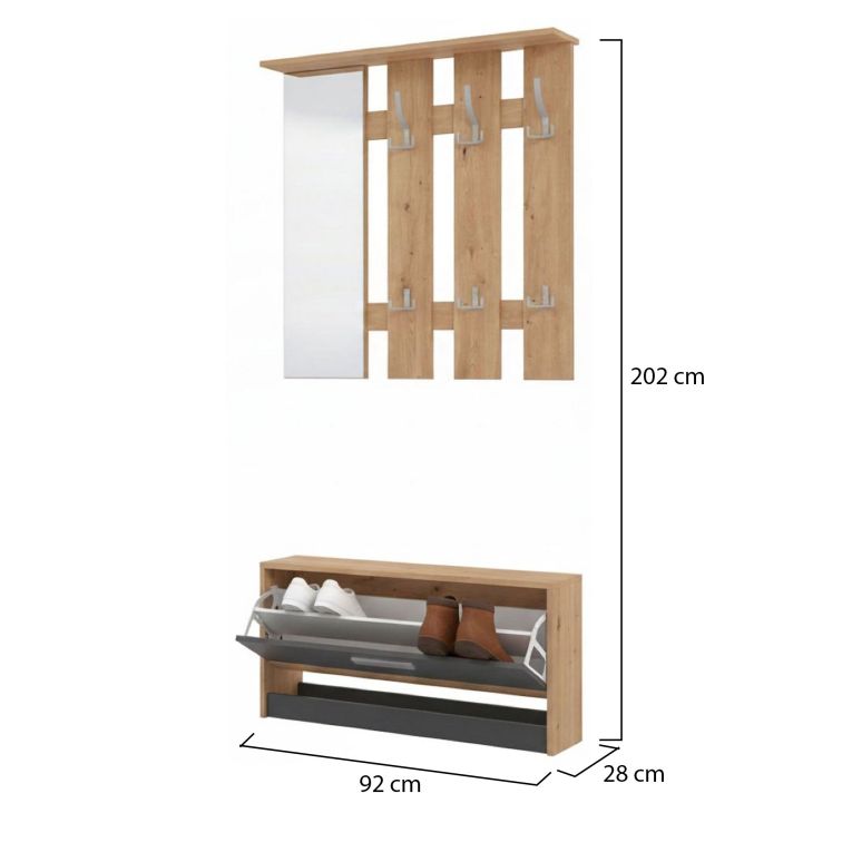 Mobile da Ingresso Nero Antracite Marrone Rovere Nodi Specchio Incluso 3 Ripiani 91.5x28x202h cm, Appendiabiti - Viggiano