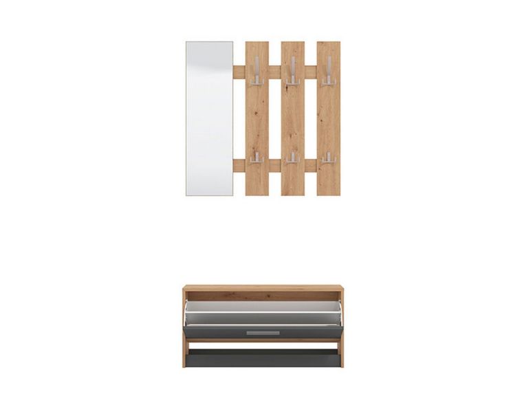 Mobile da Ingresso Nero Antracite Marrone Rovere Nodi Specchio Incluso 3 Ripiani 91.5x28x202h cm, Appendiabiti - Viggiano