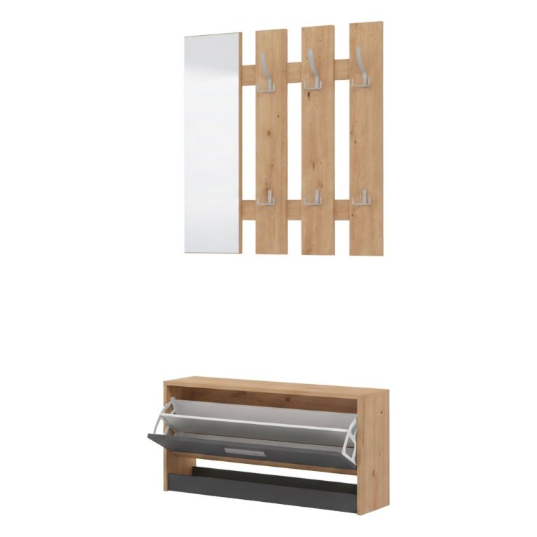 Mobile da Ingresso Nero Antracite Marrone Rovere Nodi Specchio Incluso 3 Ripiani 91.5x28x202h cm, Appendiabiti - Viggiano