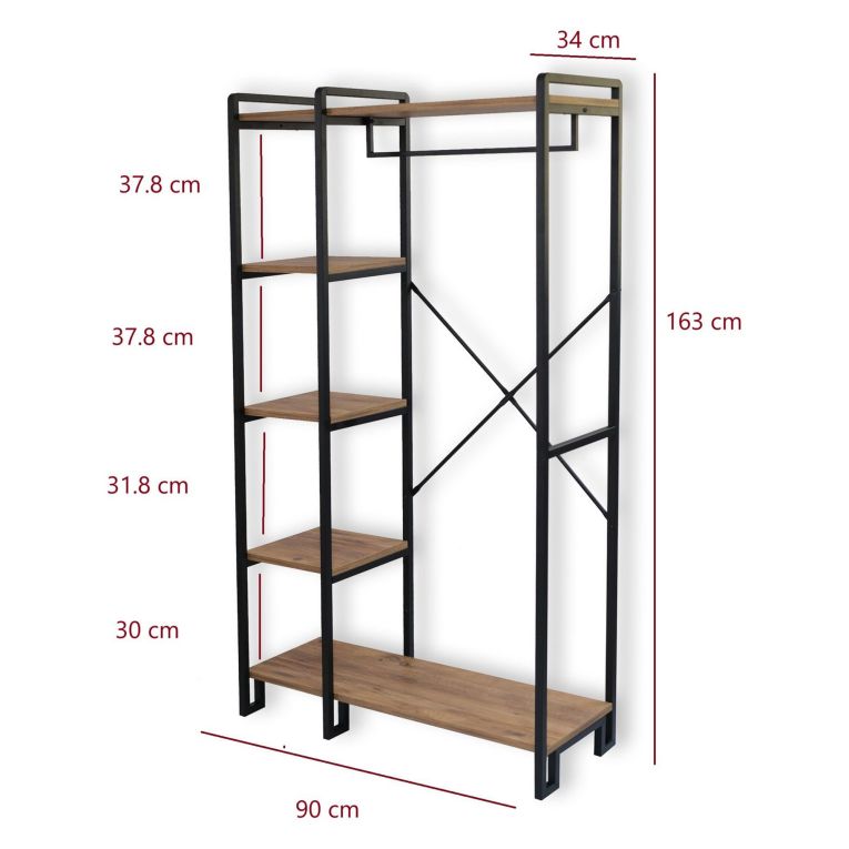 Mobile da Ingresso Nero Marrone Rovere 5 Ripiani Appendiabiti 34x163x90h cm, con Scarpiera - Casarile