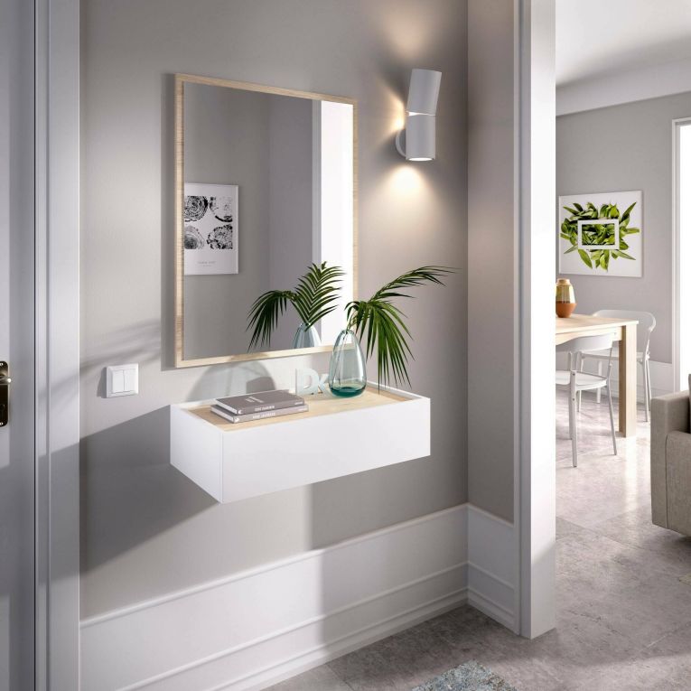 Mobile da ingresso piccolo con specchio e 1 cassetto bianco e rovere 33x16h cm - Astolfo