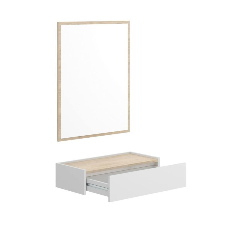 Mobile da ingresso piccolo con specchio e 1 cassetto bianco e rovere 33x16h cm - Astolfo