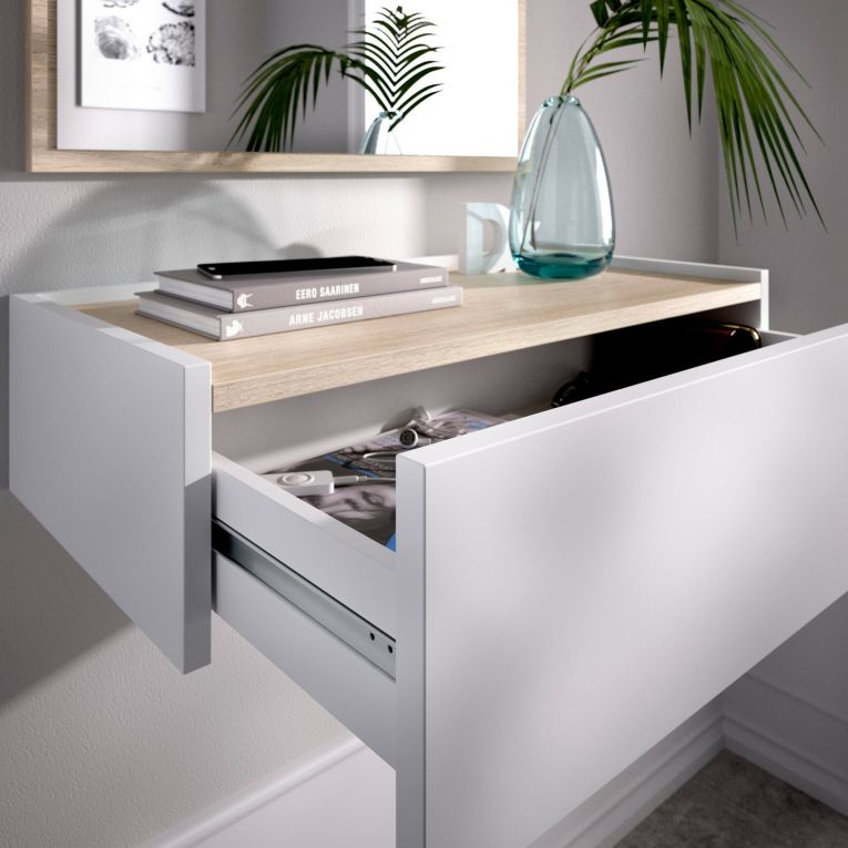 Mobile da ingresso piccolo con specchio e 1 cassetto bianco e rovere 33x16h cm - Astolfo