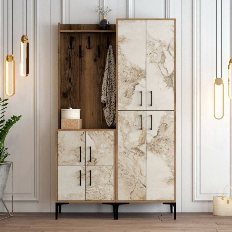 Mobile da ingresso rustico noce e bianco marmo 120x200h cm - Eufemia