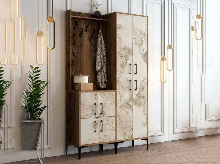 Mobile da ingresso rustico noce e bianco marmo 120x200h cm - Eufemia