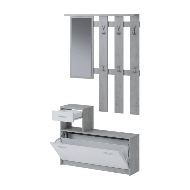 Mobile da ingresso Sargassi, Entratina appendiabiti, Composizione per atrio, Consolle portaoggetti multifunzione, 100x26h190 cm, Bianco e Cemento