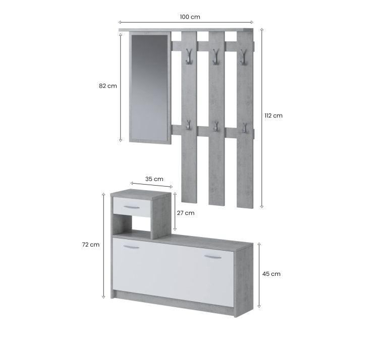 Mobile da ingresso Sargassi, Entratina appendiabiti, Composizione per atrio, Consolle portaoggetti multifunzione, 100x26h190 cm, Bianco e Cemento