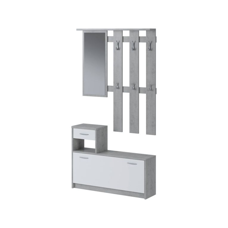 Mobile da ingresso Sargassi, Entratina appendiabiti, Composizione per atrio, Consolle portaoggetti multifunzione, 100x26h190 cm, Bianco e Cemento
