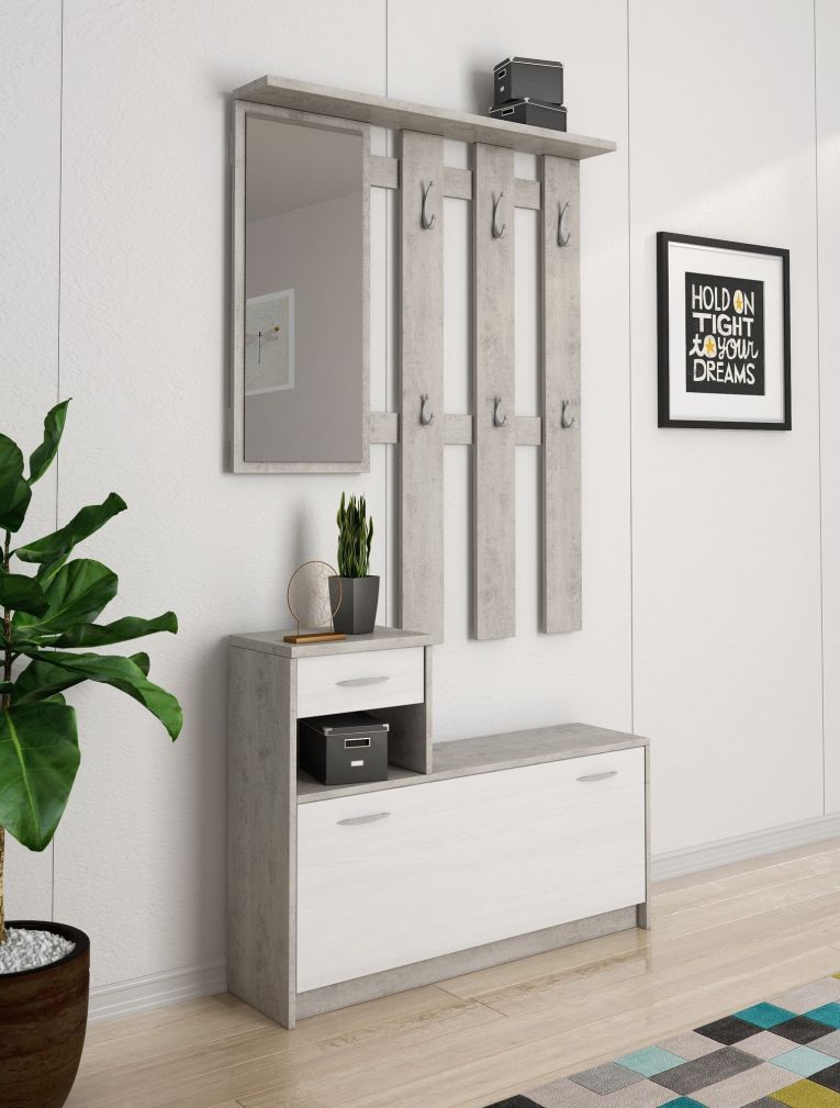 Mobile da ingresso Sargassi, Entratina appendiabiti, Composizione per atrio, Consolle portaoggetti multifunzione, 100x26h190 cm, Bianco e Cemento