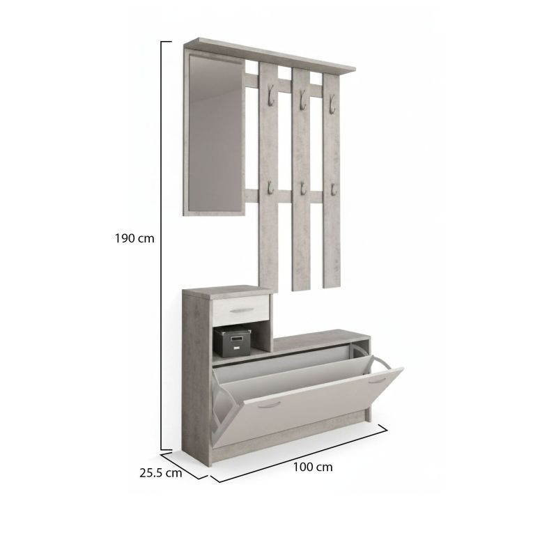 Mobile da ingresso Sargassi, Entratina appendiabiti, Composizione per atrio, Consolle portaoggetti multifunzione, 100x26h190 cm, Bianco e Cemento
