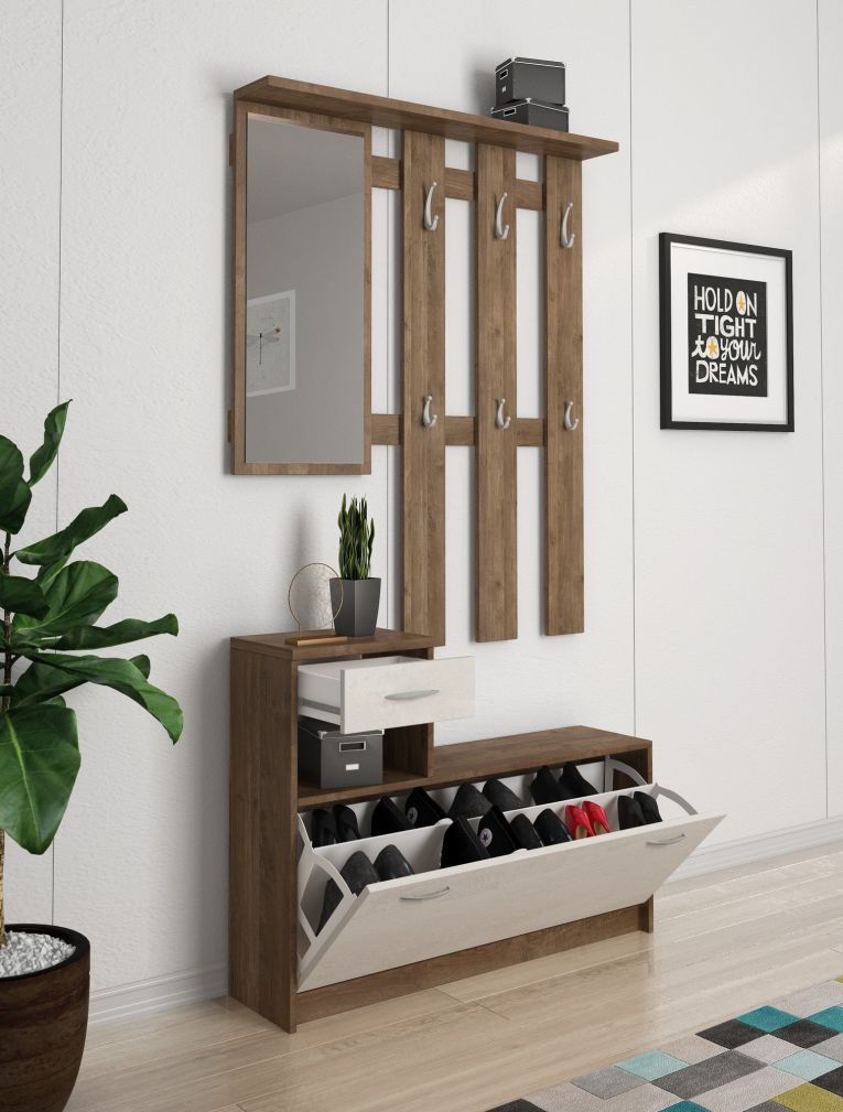 Mobile da ingresso Sargassi, Entratina appendiabiti, Composizione per atrio, Consolle portaoggetti multifunzione, 100x26h190 cm, Bianco e Quercia