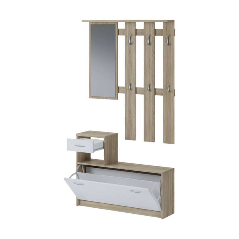 Mobile da ingresso Sargassi, Entratina appendiabiti, Composizione per atrio, Consolle portaoggetti multifunzione, 100x26h190 cm, Bianco e Rovere