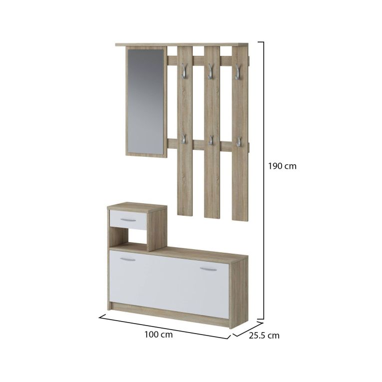 Mobile da ingresso Sargassi, Entratina appendiabiti, Composizione per atrio, Consolle portaoggetti multifunzione, 100x26h190 cm, Bianco e Rovere