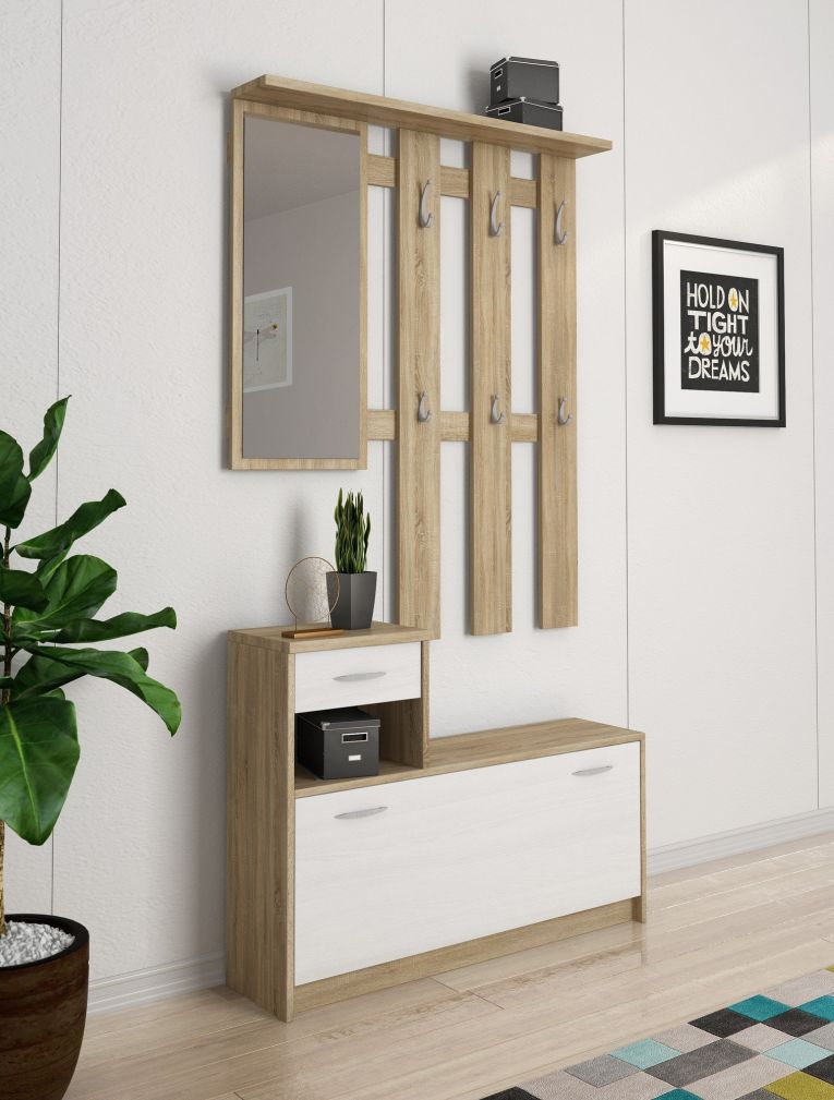 Mobile da ingresso Sargassi, Entratina appendiabiti, Composizione per atrio, Consolle portaoggetti multifunzione, 100x26h190 cm, Bianco e Rovere