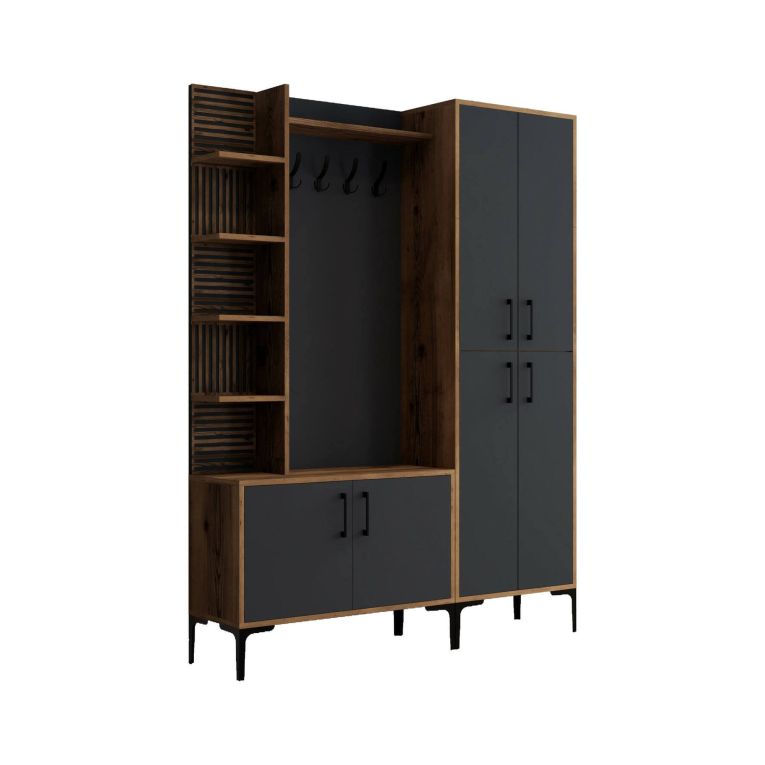 Mobile da ingresso Sponde, Entratina appendiabiti, Composizione per atrio, Consolle portaoggetti multifunzione, 150x35 h200 cm, Noce e Antracite