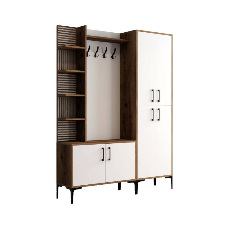 Mobile da ingresso Sponde, Entratina appendiabiti, Composizione per atrio, Consolle portaoggetti multifunzione, 150x35 h200 cm, Noce e Bianco