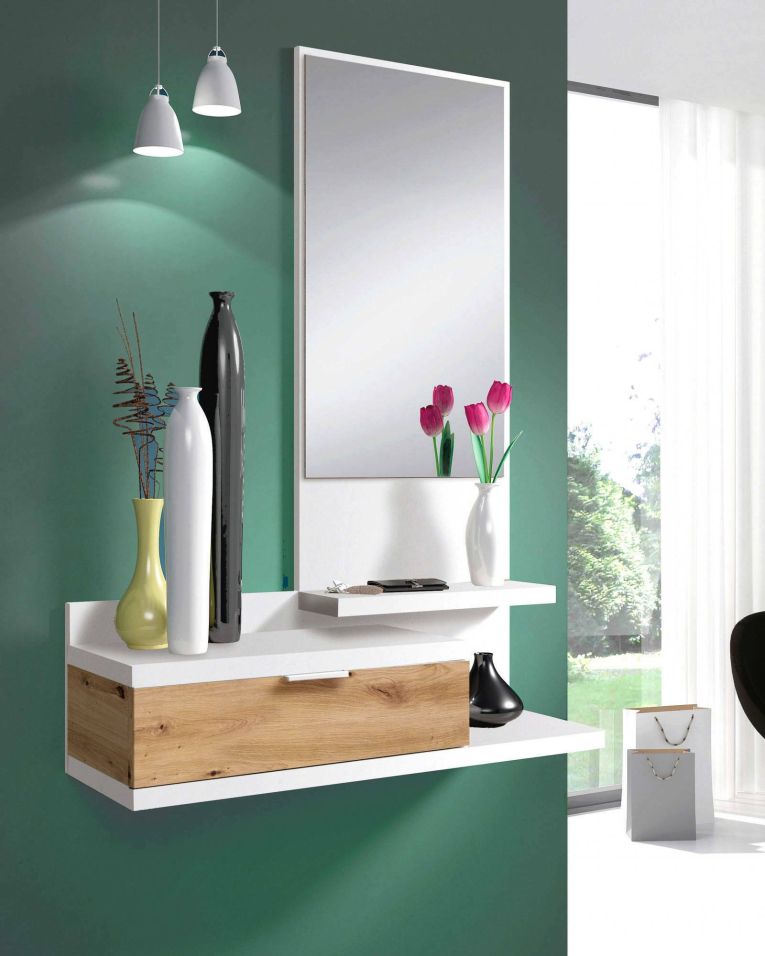 Mobile da ingresso Tijuana, Entratina con specchio e cassetto, Svuotatasche per atrio di piccoli appartamenti, 81x29h116 cm, Bianco e Rovere nodi