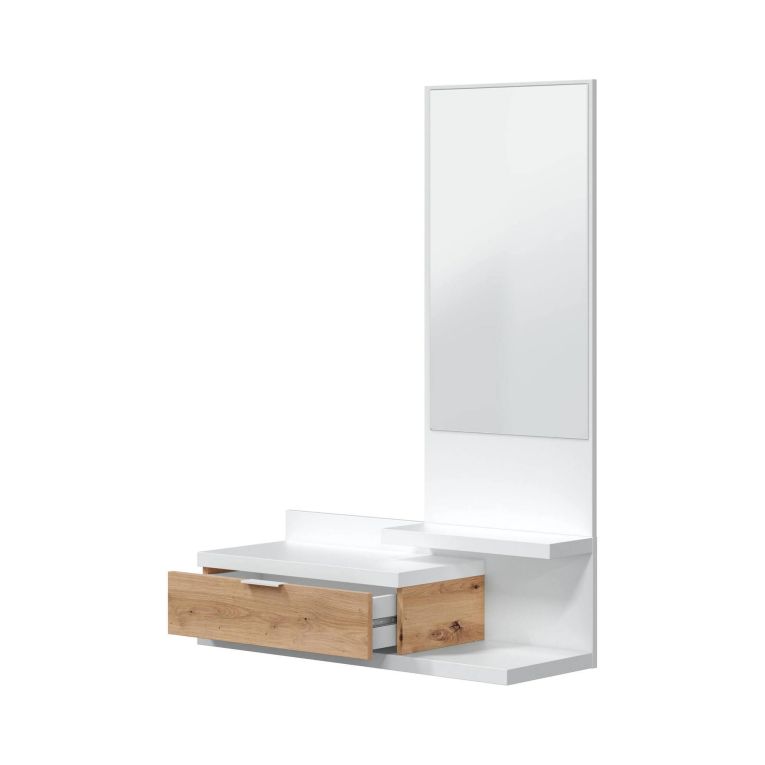 Mobile da ingresso Tijuana, Entratina con specchio e cassetto, Svuotatasche per atrio di piccoli appartamenti, 81x29h116 cm, Bianco e Rovere nodi