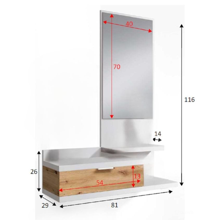 Mobile da ingresso Tijuana, Entratina con specchio e cassetto, Svuotatasche per atrio di piccoli appartamenti, 81x29h116 cm, Bianco e Rovere nodi