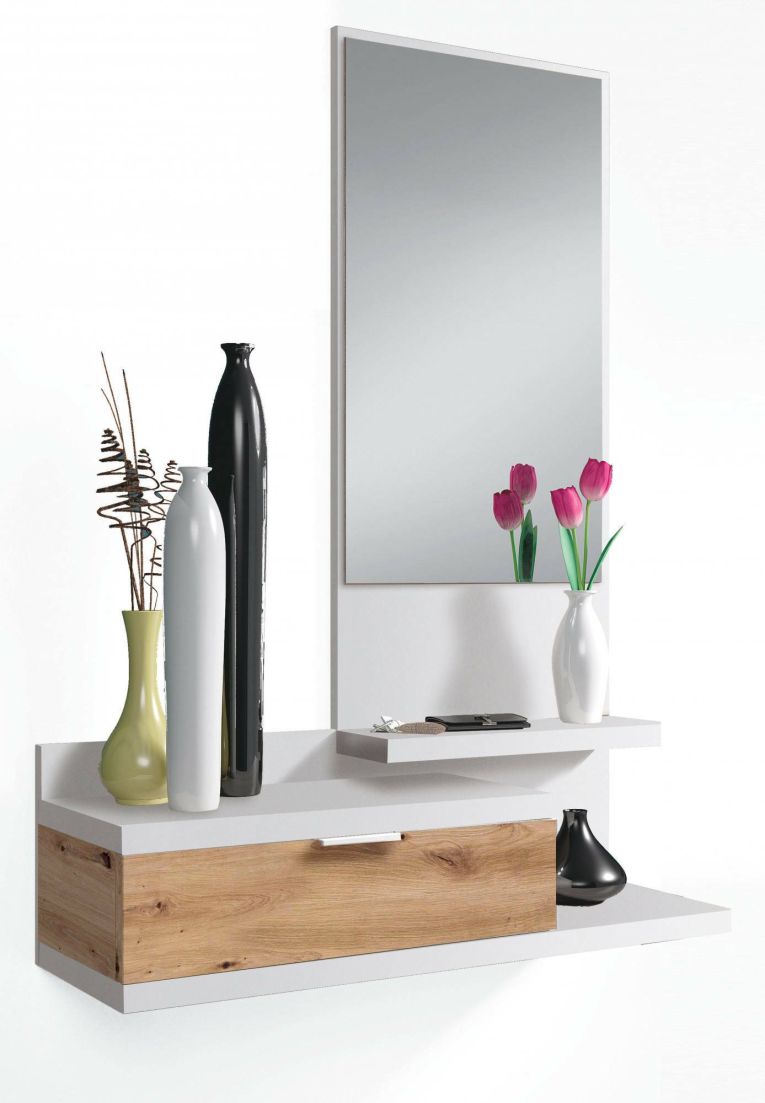 Mobile da ingresso Tijuana, Entratina con specchio e cassetto, Svuotatasche per atrio di piccoli appartamenti, 81x29h116 cm, Bianco e Rovere nodi