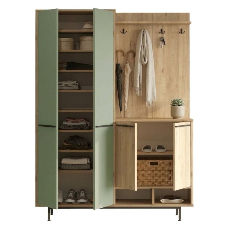 Mobile da Ingresso Verde Salvia Marrone Rovere Appendiabiti 12 Ripiani 147x36x196h cm, Apertura Battente - Tignale