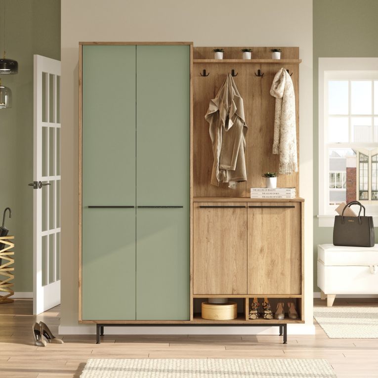 Mobile da Ingresso Verde Salvia Marrone Rovere Appendiabiti 12 Ripiani 147x36x196h cm, Apertura Battente - Tignale