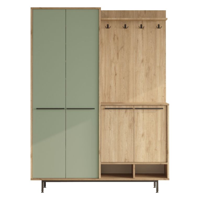Mobile da Ingresso Verde Salvia Marrone Rovere Appendiabiti 12 Ripiani 147x36x196h cm, Apertura Battente - Tignale