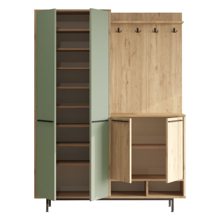 Mobile da Ingresso Verde Salvia Marrone Rovere Appendiabiti 12 Ripiani 147x36x196h cm, Apertura Battente - Tignale