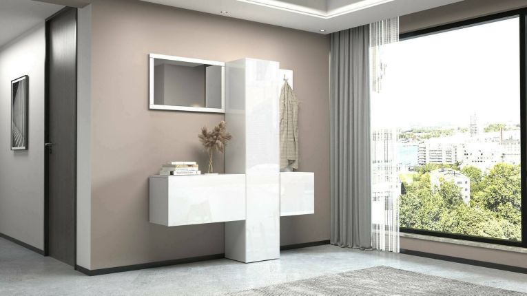 Mobile da ingresso Vernante, Armadietto multifunzione a 3 ante, Appendiabiti da parete con specchio, 170x35h190 cm, Bianco