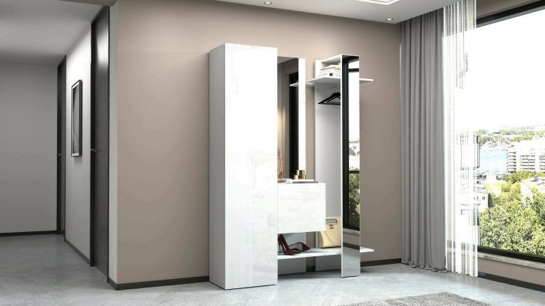 Mobile da ingresso Vilmaro, Armadietto multifunzione a 2 ante, Appendiabiti da parete con 2 specchi, 140x35h190 cm, Bianco