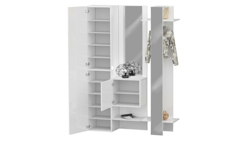 Mobile da ingresso Vilmaro, Armadietto multifunzione a 2 ante, Appendiabiti da parete con 2 specchi, 140x35h190 cm, Bianco