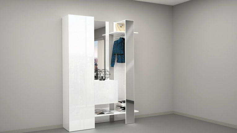 Mobile da ingresso Vilmaro, Armadietto multifunzione a 2 ante, Appendiabiti da parete con 2 specchi, 140x35h190 cm, Bianco