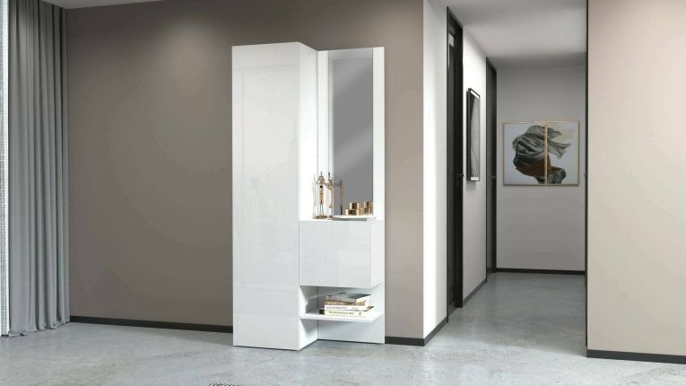 Mobile da ingresso Vinicio, Armadietto multifunzione a 2 ante, Mobile multiuso con specchio, 90x35h190 cm, Bianco