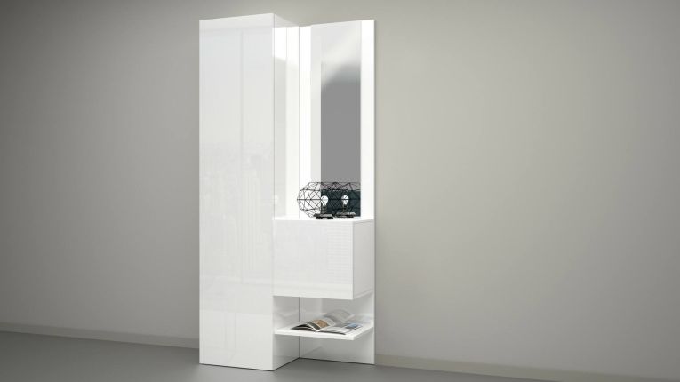 Mobile da ingresso Vinicio, Armadietto multifunzione a 2 ante, Mobile multiuso con specchio, 90x35h190 cm, Bianco
