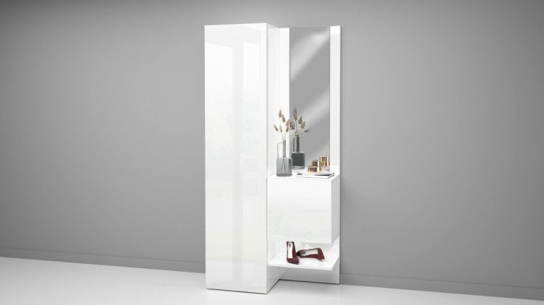 Mobile da ingresso Vinicio, Armadietto multifunzione a 2 ante, Mobile multiuso con specchio, 90x35h190 cm, Bianco