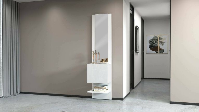 Mobile da ingresso Vitale, Armadietto multifunzione con specchio, Scarpiera a 1 anta, 45x35h190 cm, Bianco