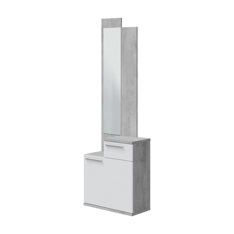 Mobile da ingresso Waltham, Scarpiera multifunzione con specchio, Armadio a 1 anta e 1 cassetto, 61x28h185 cm, Cemento e Bianco lucido