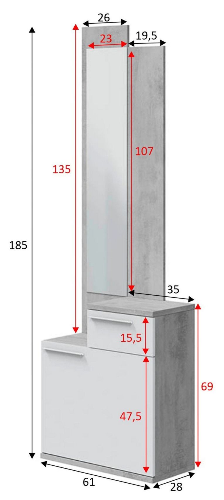 Mobile da ingresso Waltham, Scarpiera multifunzione con specchio, Armadio a 1 anta e 1 cassetto, 61x28h185 cm, Cemento e Bianco lucido