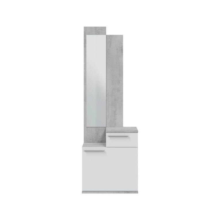 Mobile da ingresso Waltham, Scarpiera multifunzione con specchio, Armadio a 1 anta e 1 cassetto, 61x28h185 cm, Cemento e Bianco lucido