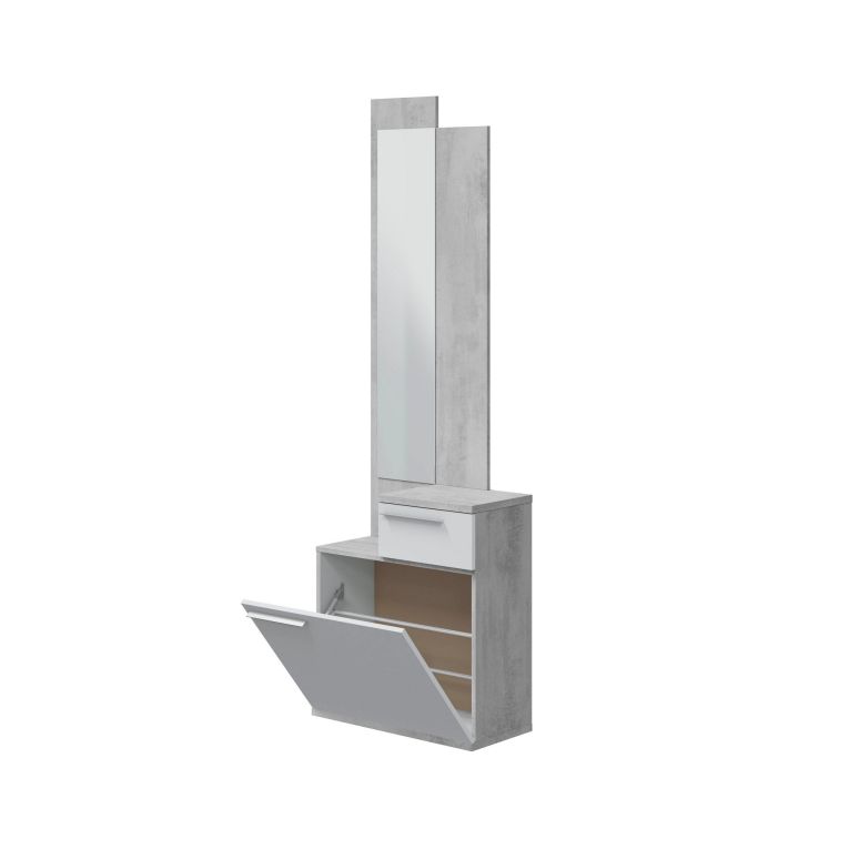 Mobile da ingresso Waltham, Scarpiera multifunzione con specchio, Armadio a 1 anta e 1 cassetto, 61x28h185 cm, Cemento e Bianco lucido