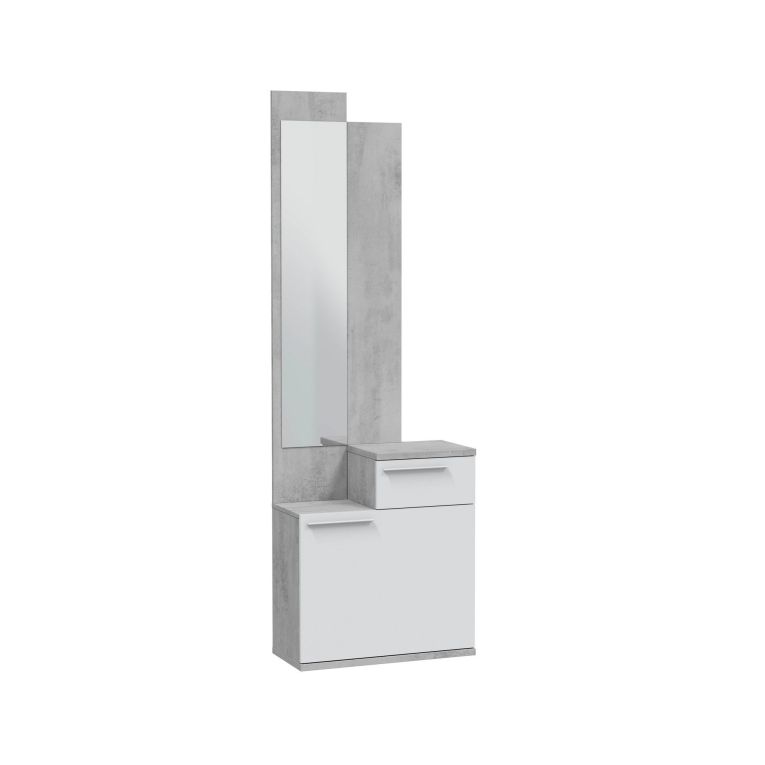 Mobile da ingresso Waltham, Scarpiera multifunzione con specchio, Armadio a 1 anta e 1 cassetto, 61x28h185 cm, Cemento e Bianco lucido