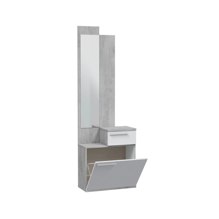 Mobile da ingresso Waltham, Scarpiera multifunzione con specchio, Armadio a 1 anta e 1 cassetto, 61x28h185 cm, Cemento e Bianco lucido